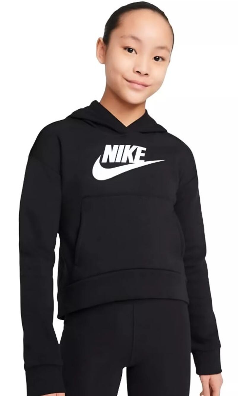 NIKE Girls Club Fleece Pullover Hoodie Club XS Black White Sweatshirt NWT